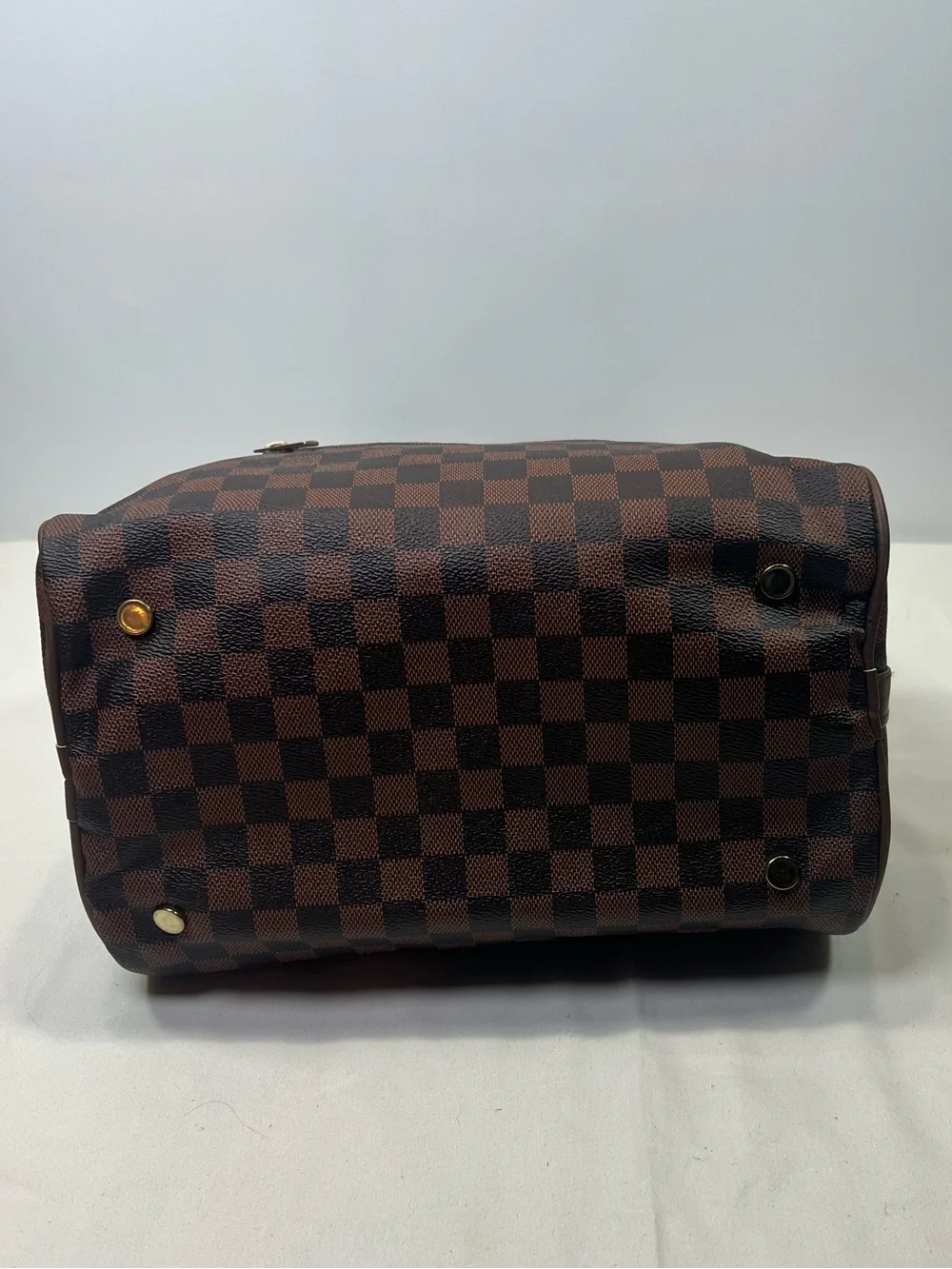 Brown Monogram Style Satchel Purse Gold Tone Hardware Fashion Handbag Flaw